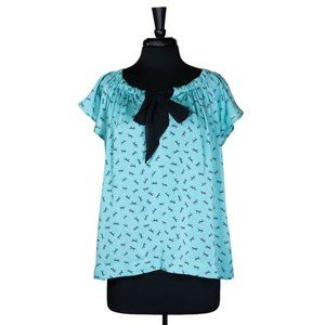 Ann Taylor LOFT Women's Blouse Blue Black Bow Ribbon Short Sleeve Shirt Top PL
